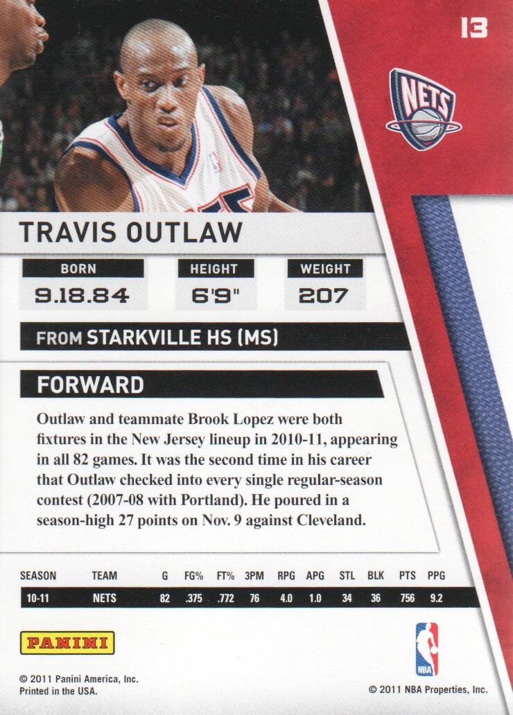 2010-11 Panini Season Update #13 Travis Outlaw back image