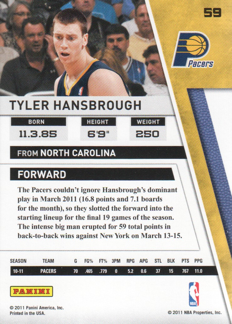 2010-11 Panini Season Update #59 Tyler Hansbrough back image