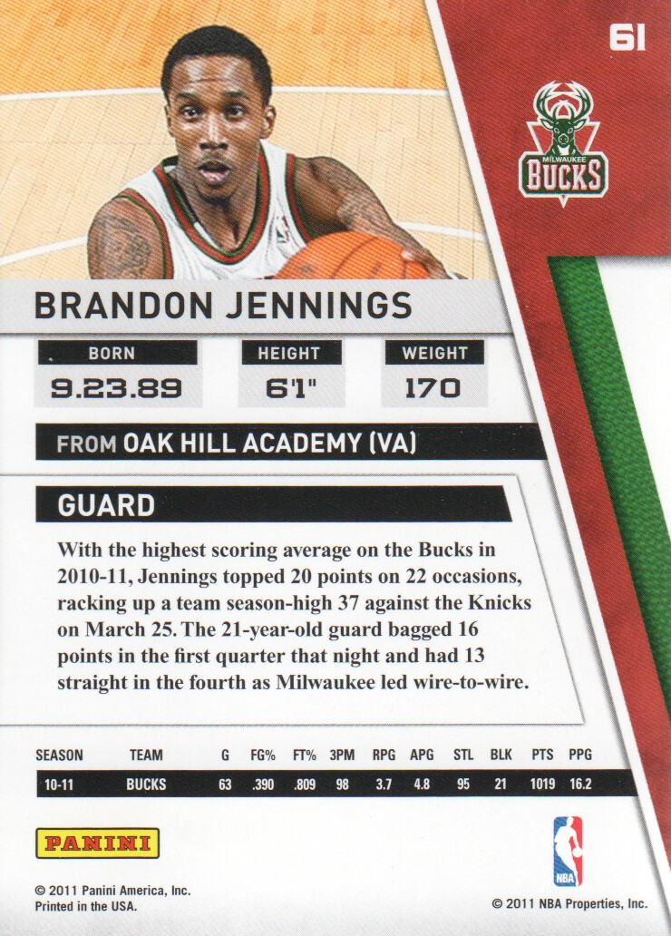 2010-11 Panini Season Update #61 Brandon Jennings back image