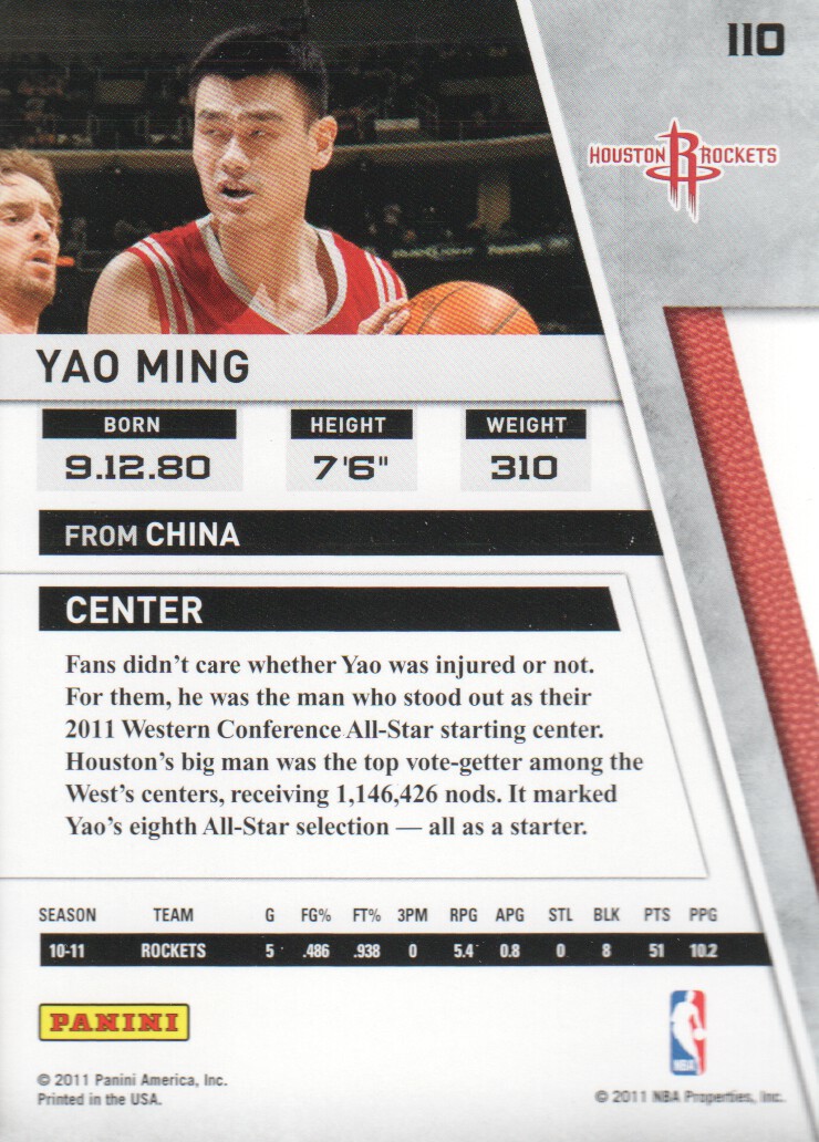 2010-11 Panini Season Update #110 Yao Ming back image