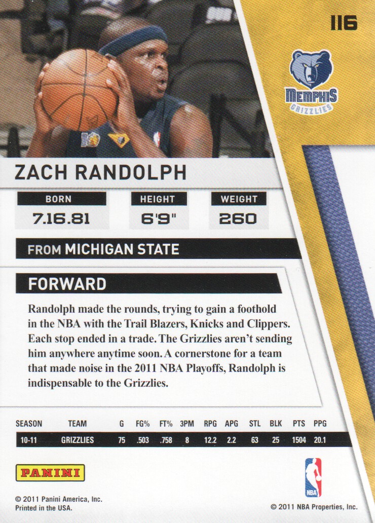 2010-11 Panini Season Update #116 Zach Randolph back image