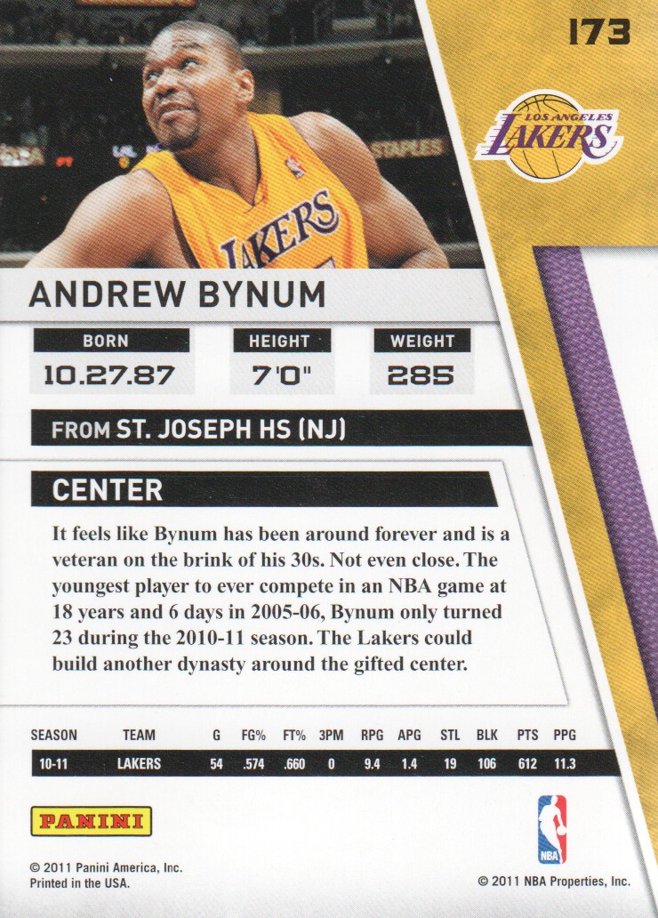 2010-11 Panini Season Update #173 Andrew Bynum back image