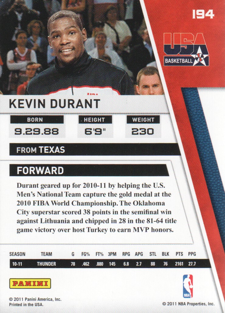 2010-11 Panini Season Update #194 Kevin Durant back image