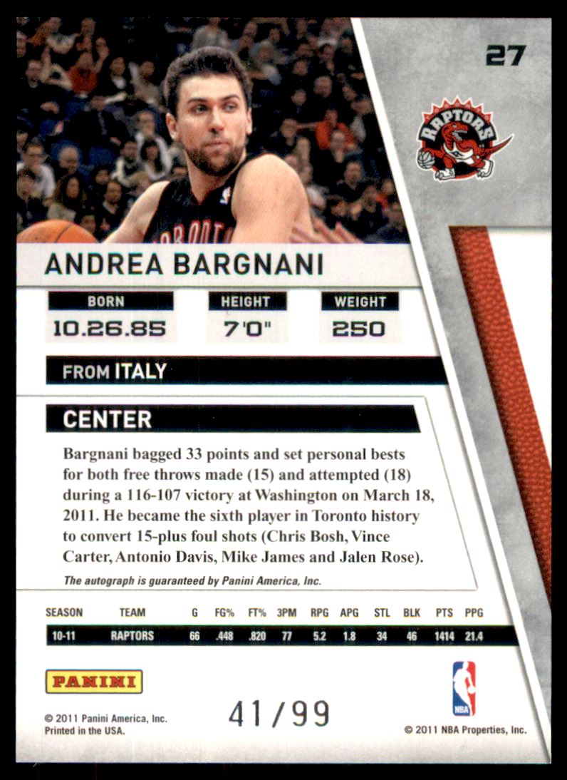 2010-11 Panini Season Update Signatures #27 Andrea Bargnani/99 back image