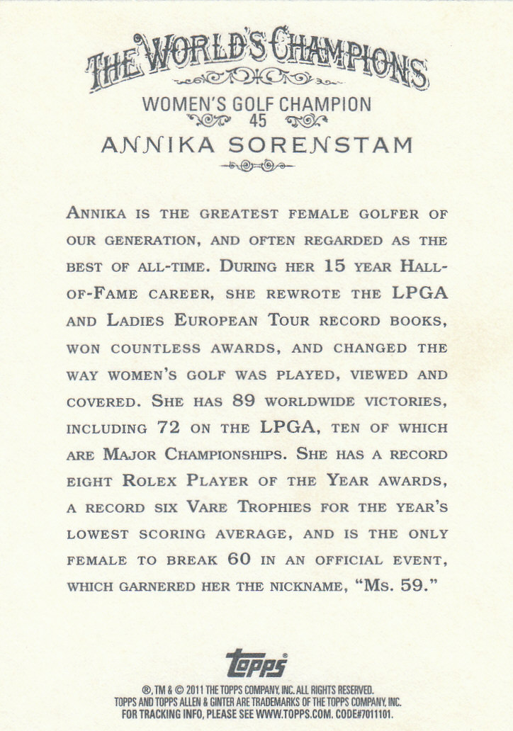 2011 Topps Allen and Ginter Code Cards #45 Annika Sorenstam back image