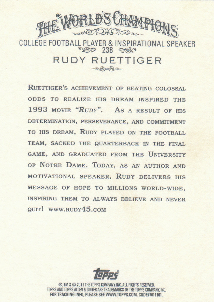 2011 Topps Allen and Ginter Code Cards #238 Rudy Ruettiger back image