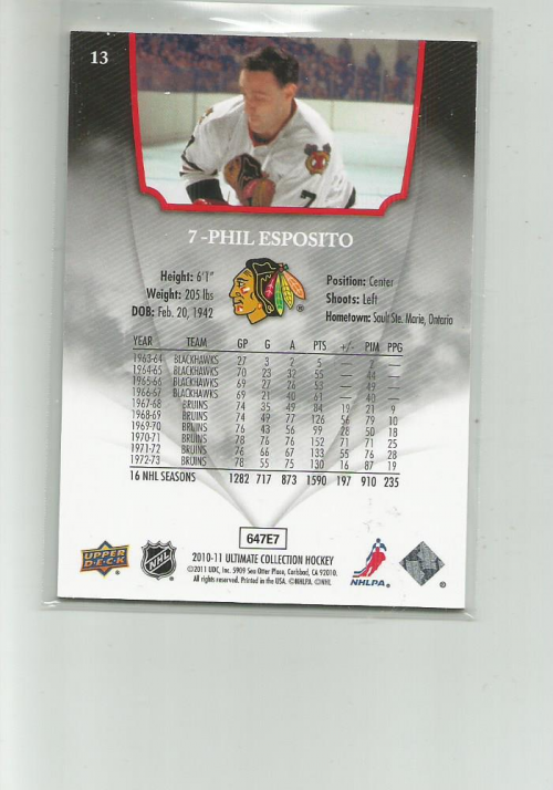 2010-11 Ultimate Collection #13 Phil Esposito back image