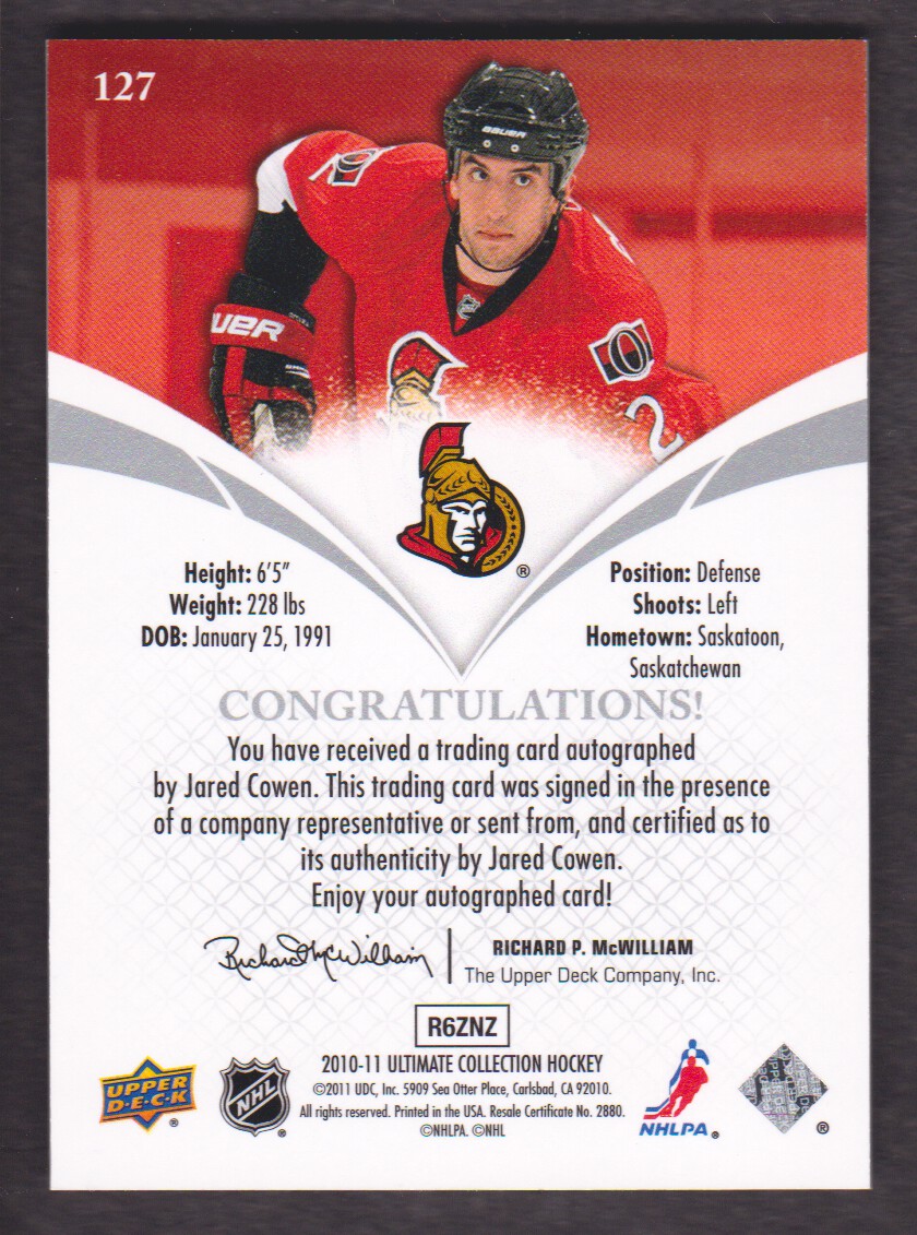 2010-11 Ultimate Collection #127 Jared Cowen AU/299 RC back image