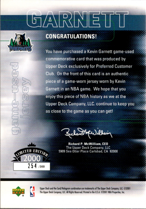 2001 Upper Deck Preferred Customer Club #NNO Kevin Garnett JSY/500 back image