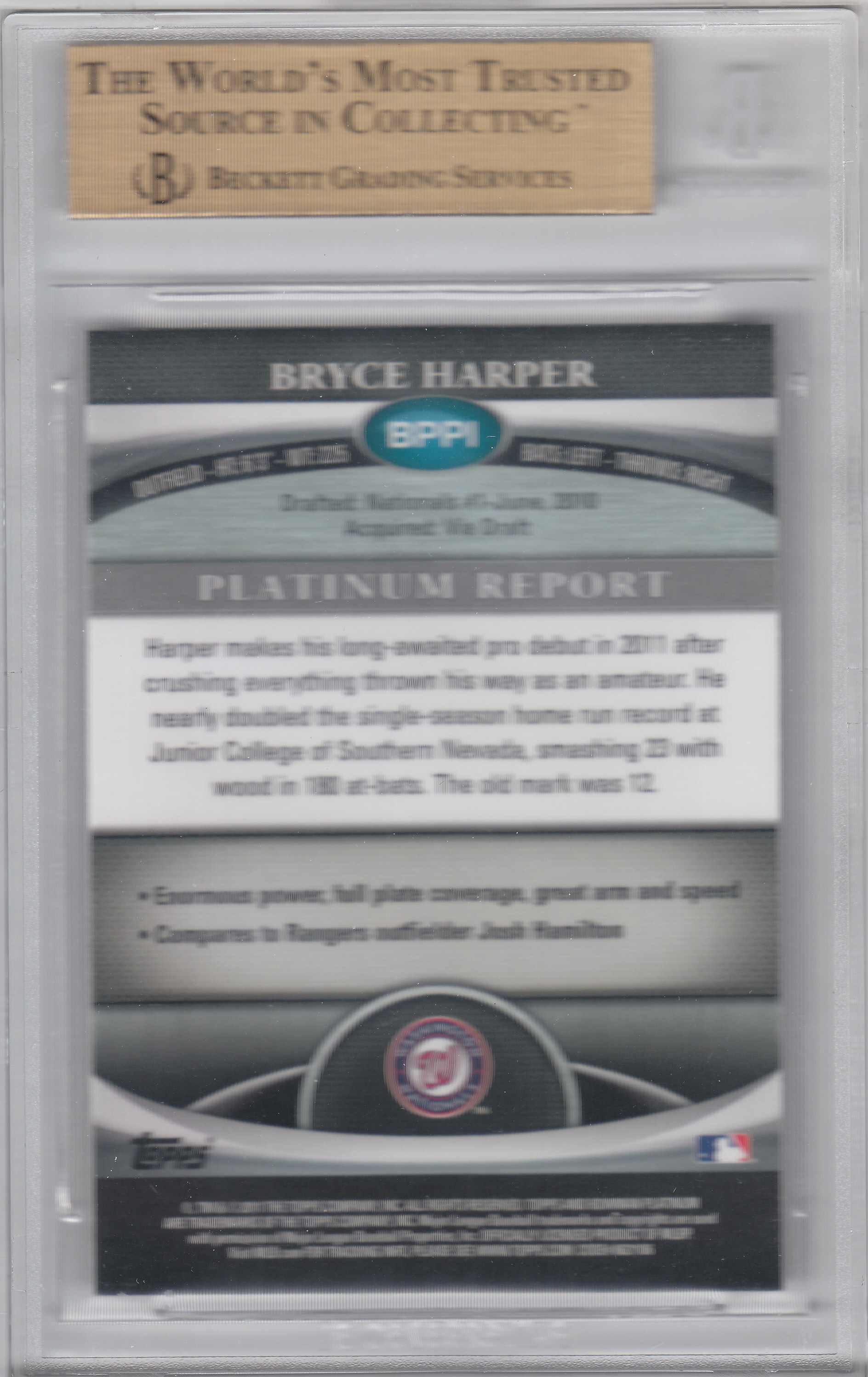 2011 Bowman Platinum Prospects Purple Refractors #BPP1 Bryce Harper back image