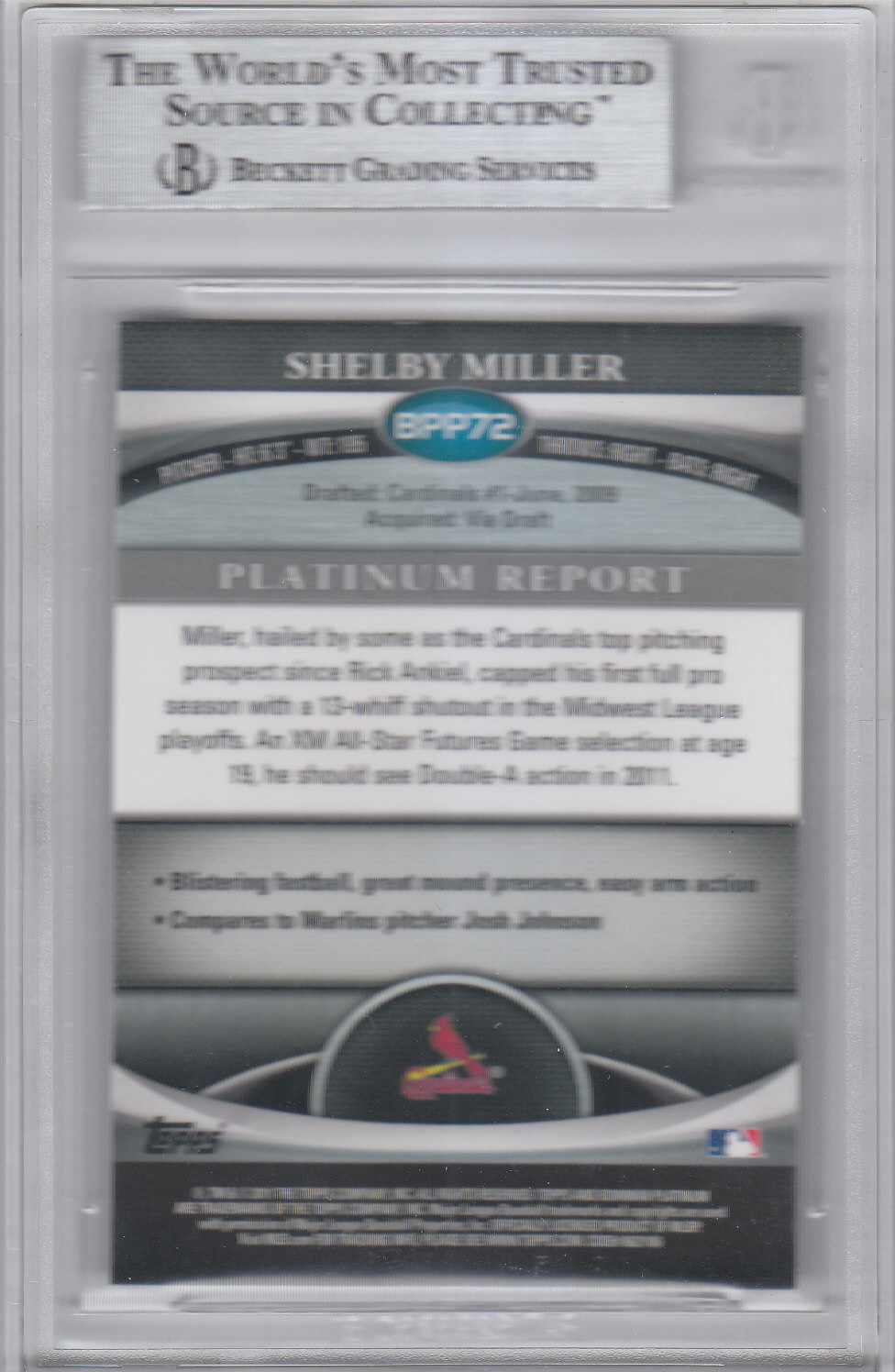 2011 Bowman Platinum Prospects Purple Refractors #BPP72 Shelby Miller back image