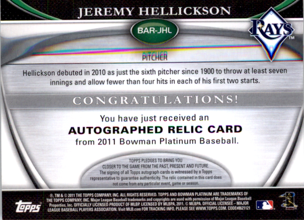 2011 Bowman Platinum Relic Autograph Blue Refractors #JHL Jeremy Hellickson back image