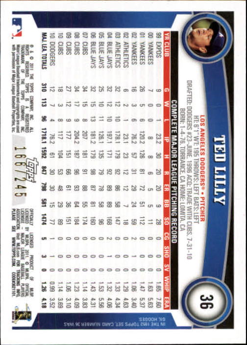 2011 Topps Factory Set Red Border #36 Ted Lilly back image