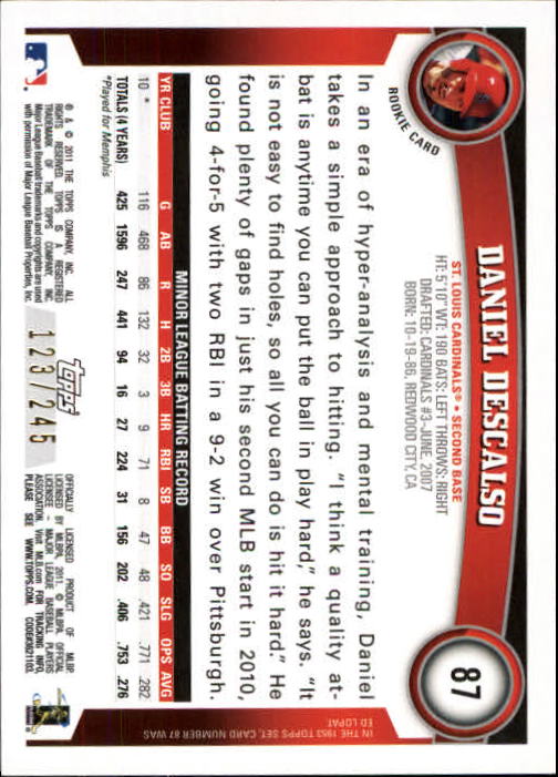2011 Topps Factory Set Red Border #87 Daniel Descalso back image