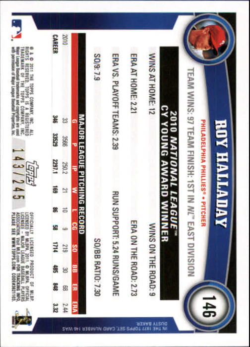 2011 Topps Factory Set Red Border #146 Roy Halladay back image