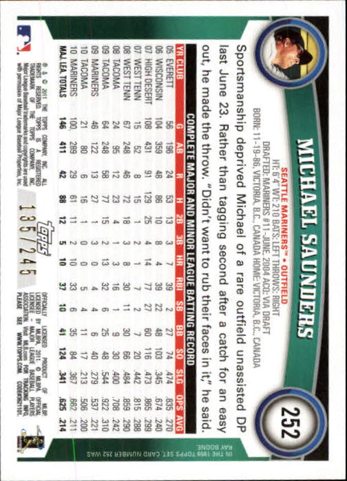 2011 Topps Factory Set Red Border #252 Michael Saunders back image