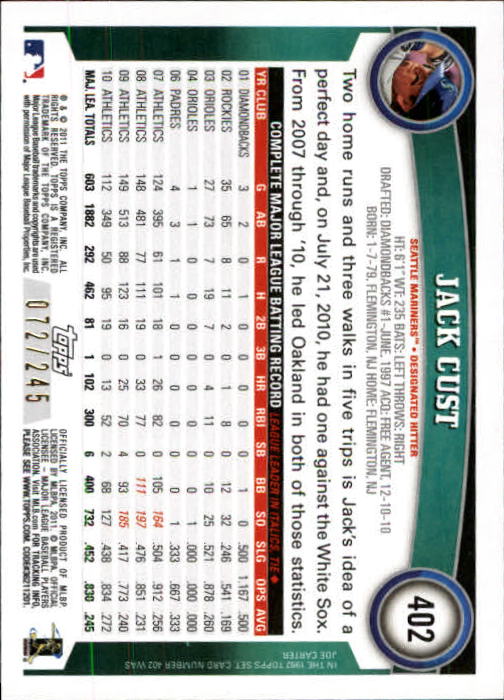 2011 Topps Factory Set Red Border #402 Jack Cust back image