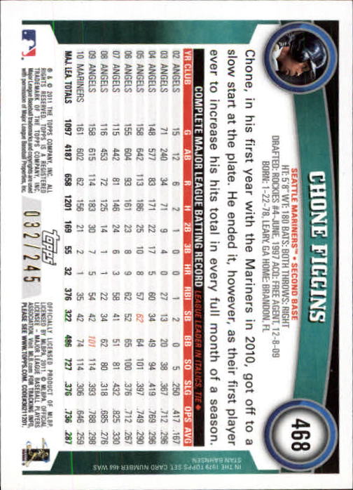 2011 Topps Factory Set Red Border #468 Chone Figgins back image