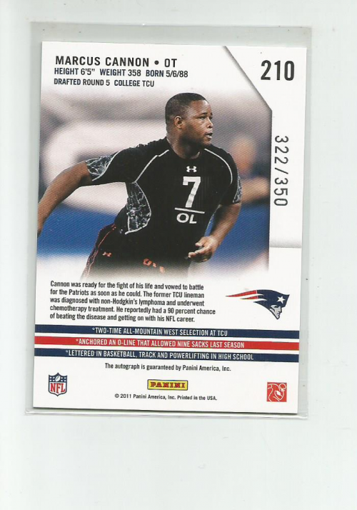 2011 Rookies and Stars Rookie Autographs Holofoil #210 Marcus Cannon/350 back image