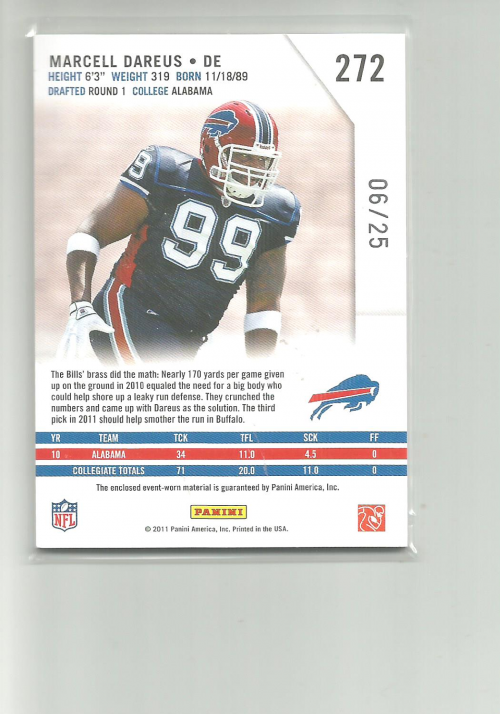 2011 Rookies and Stars Rookie Jersey Jumbo Swatch Gold #272 Marcell Dareus back image