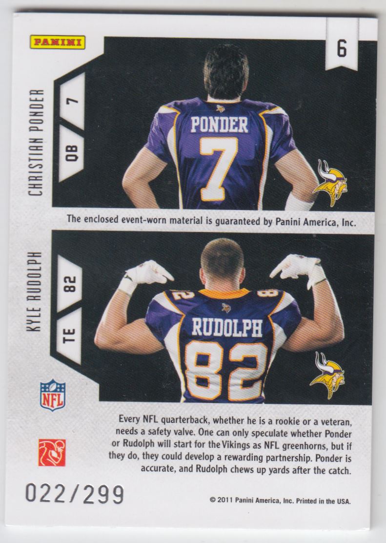 2011 Rookies and Stars Studio Rookies Combos Materials #6 Christian Ponder/Kyle Rudolph back image