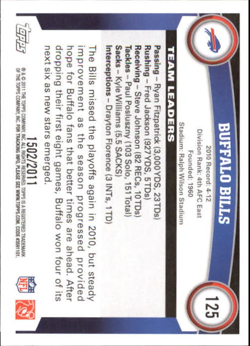2011 Topps Gold #125 Buffalo Bills Team/Steve Johnson/Fred Jackson/Mansfield Wrotto back image