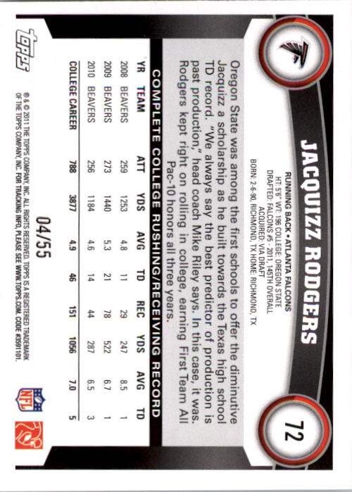2011 Topps Black #72 Jacquizz Rodgers back image