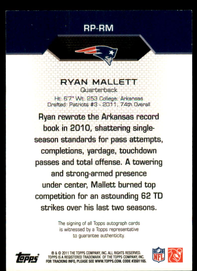2011 Topps Rookie Premiere Autographs #RPRM Ryan Mallett back image