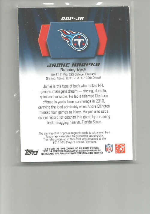 2011 Topps Rookie Patch Autographs #RAPJH Jamie Harper back image
