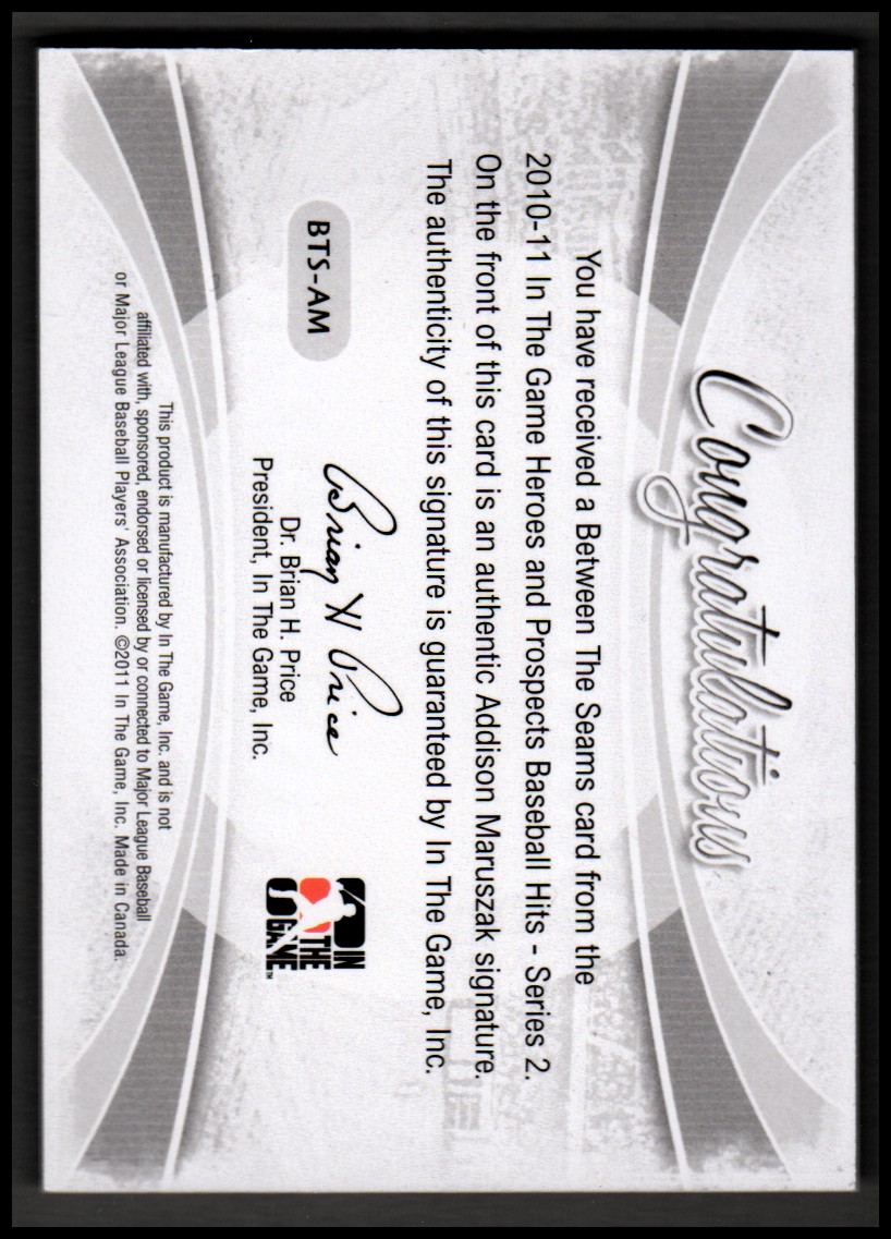 2011 ITG Heroes and Prospects Between the Seams Autographs Red #AM Addison Maruszak S2 back image