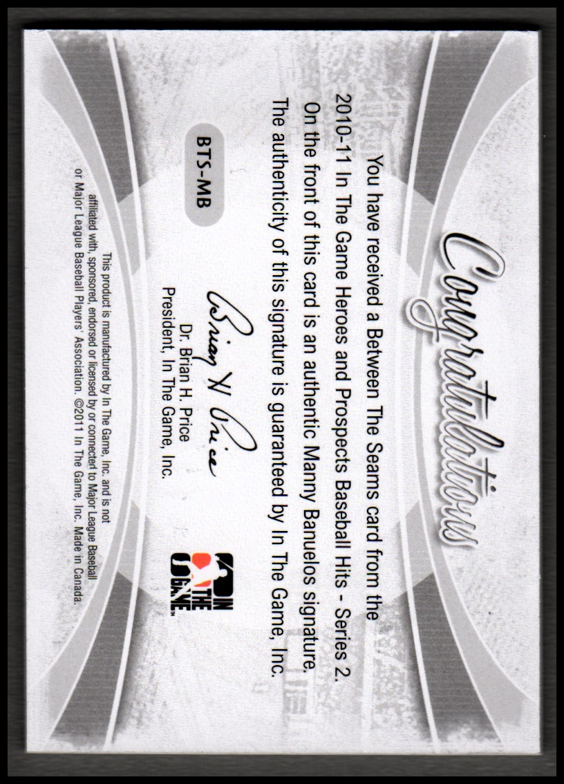 2011 ITG Heroes and Prospects Between the Seams Autographs Red #MB Manny Banuelos S2 back image