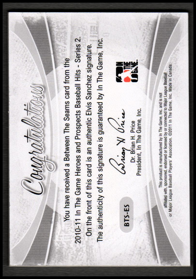 2011 ITG Heroes and Prospects Between the Seams Autographs Gold #ES Elvis Sanchez S2 back image