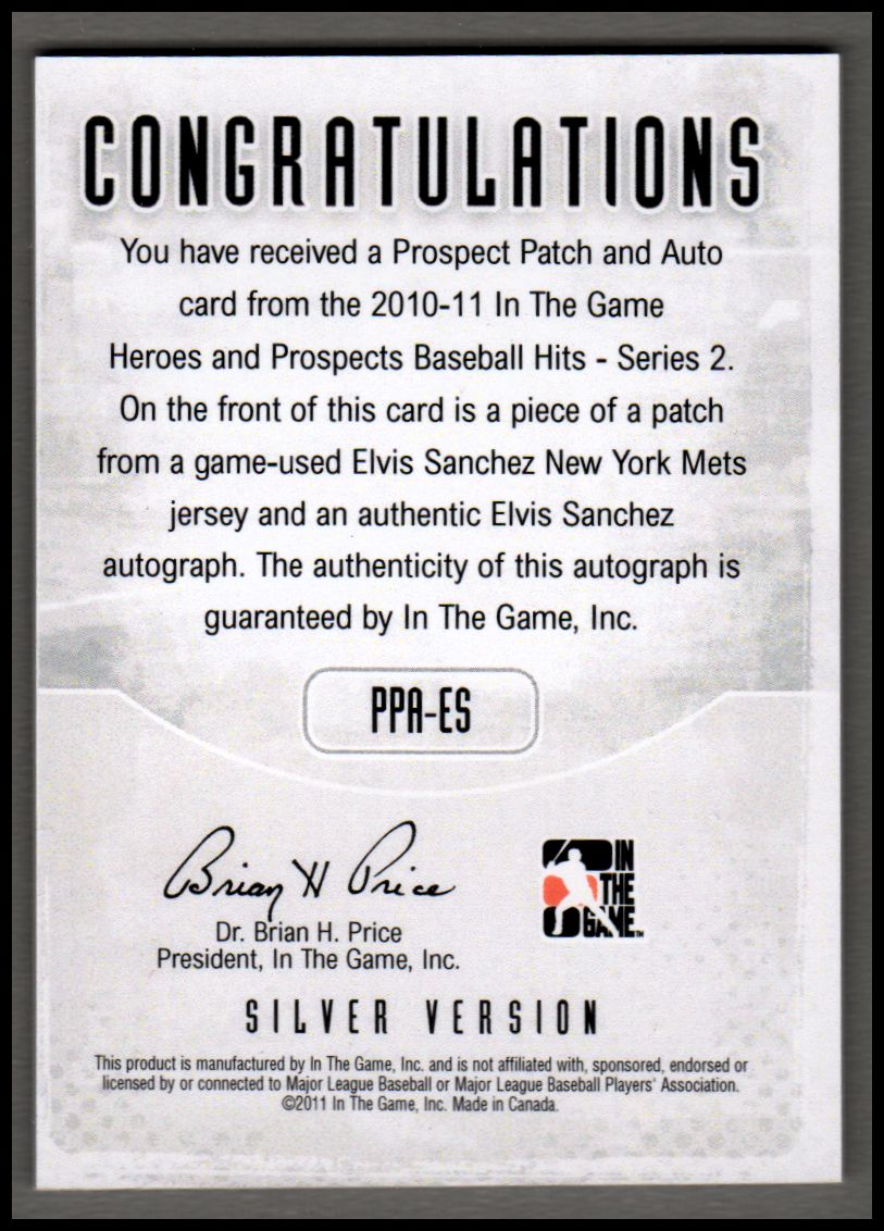 2011 ITG Heroes and Prospects Prospect Patch Autographs Silver #ES Elvis Sanchez S2 back image