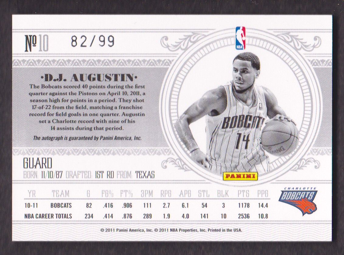 2010-11 Playoff National Treasures Century Signatures #10 D.J. Augustin/99 back image