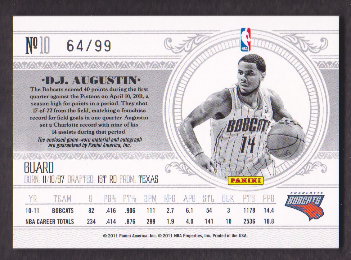 2010-11 Playoff National Treasures Century Materials Signatures #10 D.J. Augustin/99 back image