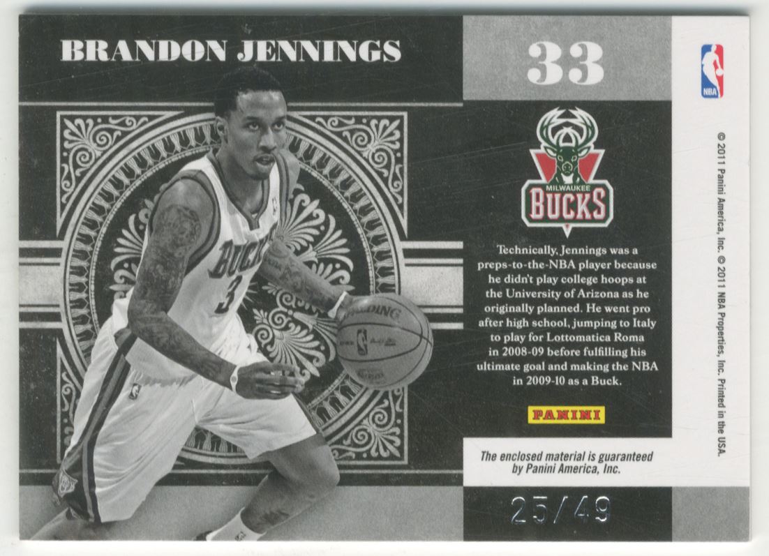 2010-11 Playoff National Treasures Colossal Materials Jersey Numbers #33 Brandon Jennings/49 back image