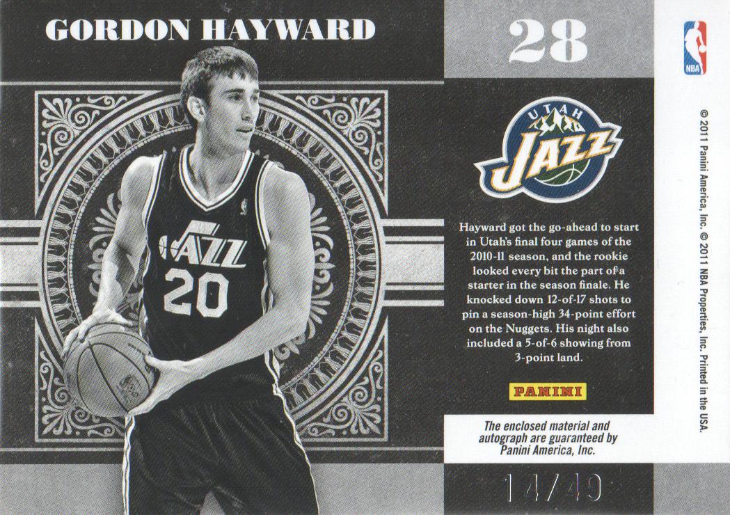 2010-11 Playoff National Treasures Colossal Materials Jersey Numbers Signatures #28 Gordon Hayward/49 back image