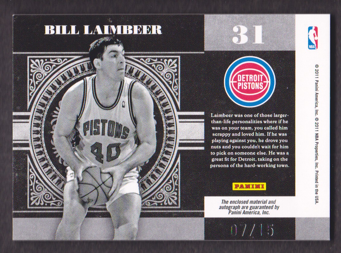 2010-11 Playoff National Treasures Colossal Materials Jersey Numbers Signatures #31 Bill Laimbeer/15 back image