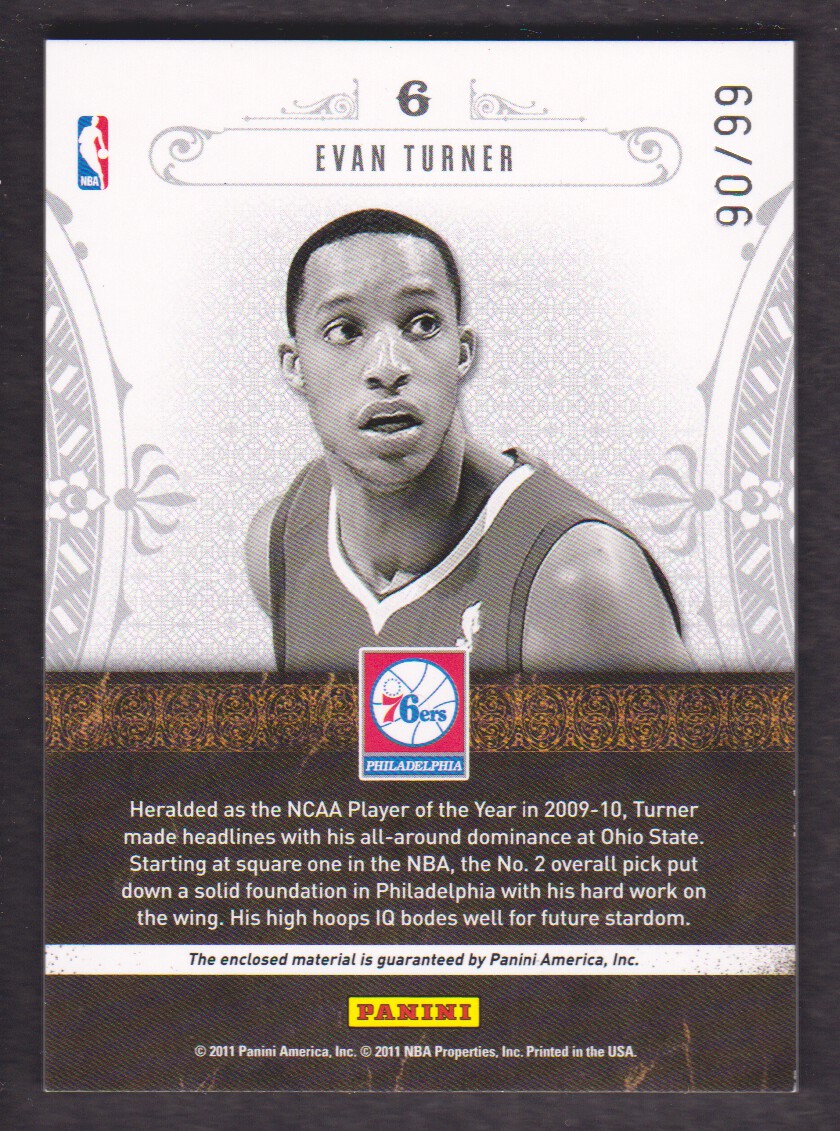 2010-11 Playoff National Treasures NBA Gear Trios #6 Evan Turner/99 back image