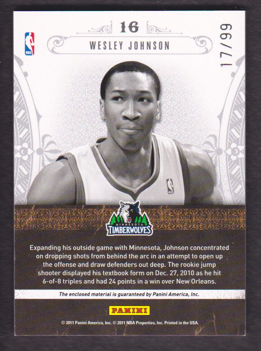 2010-11 Playoff National Treasures NBA Gear Trios #16 Wesley Johnson/99 back image