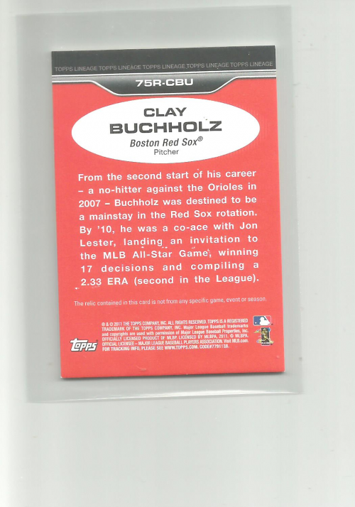 2011 Topps Lineage '75 Mini Relics #CBU Clay Buchholz back image