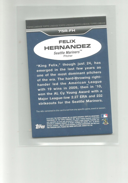 2011 Topps Lineage '75 Mini Relics #FH Felix Hernandez back image