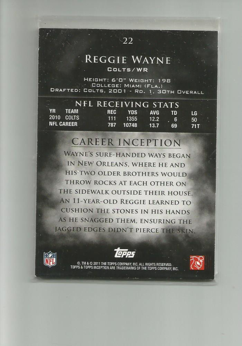 2011 Topps Inception Gray #22 Reggie Wayne back image