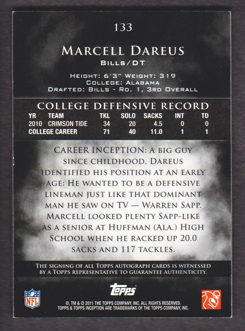 2011 Topps Inception Gray #133 Marcell Dareus AU back image