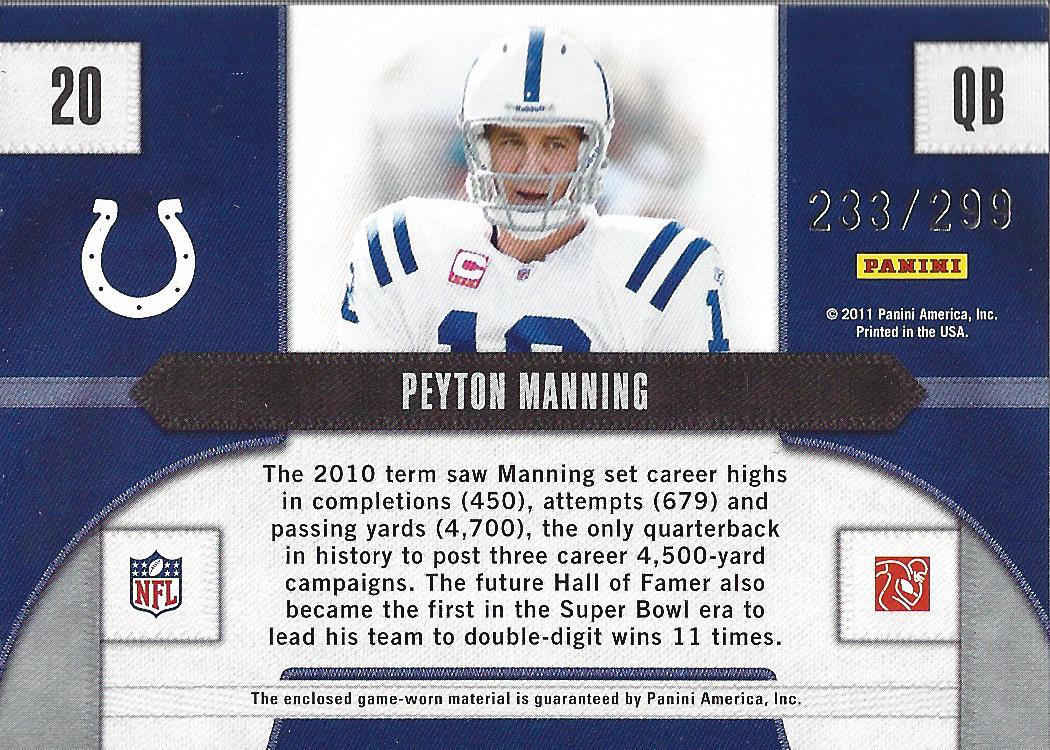 2011 Panini Threads Game Day Jerseys #20 Peyton Manning/299 back image