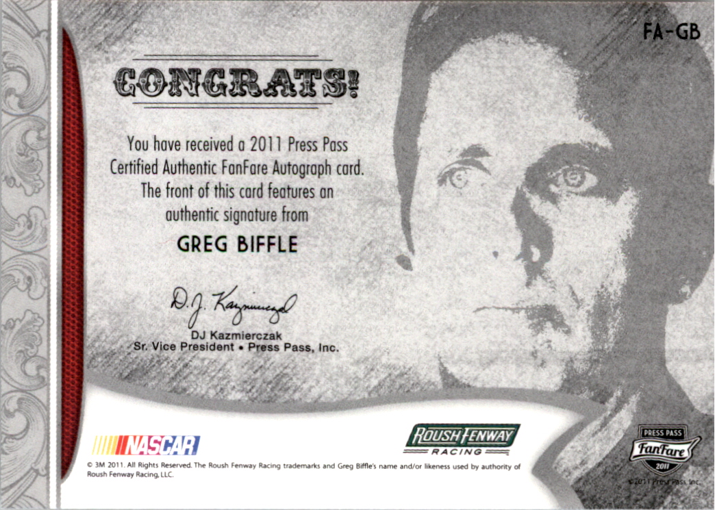 2011 Press Pass FanFare Autographs Bronze #7 Greg Biffle/65 back image