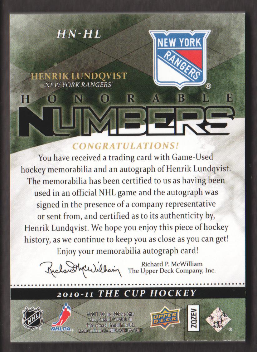 2010-11 The Cup Honorable Numbers #HNHL Henrik Lundqvist/30 back image
