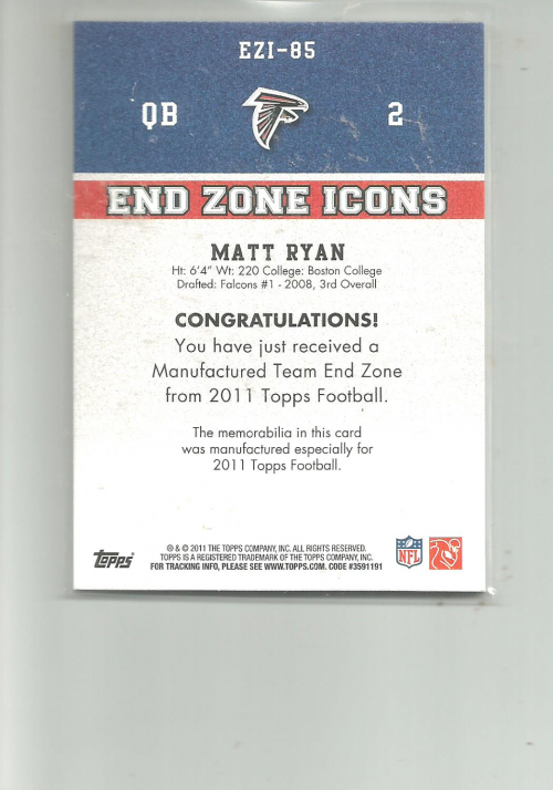 2011 Topps End Zone Icons Patches #85 Matt Ryan back image
