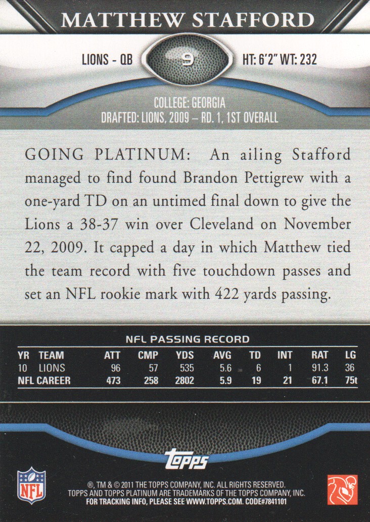 2011 Topps Platinum #9 Matthew Stafford back image