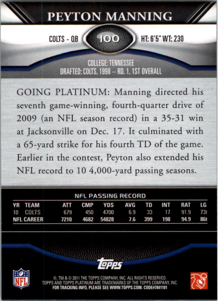 2011 Topps Platinum Red #100 Peyton Manning back image